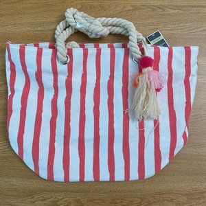 Beach Tote Bag Cotton Fabric Rope Handles w/Tassel